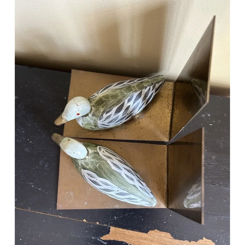 Vintage Hand Painted Enameled Brass Duck‎ Decoy Bookends